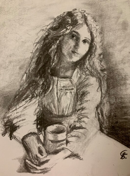 Disegno intitolato "Girl with tea" da Gázsity Barbara, Opera d'arte originale, Carbone