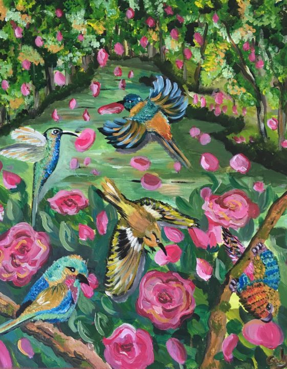 Peinture intitulée "Les oiseaux du prin…" par Galy, Œuvre d'art originale, Acrylique
