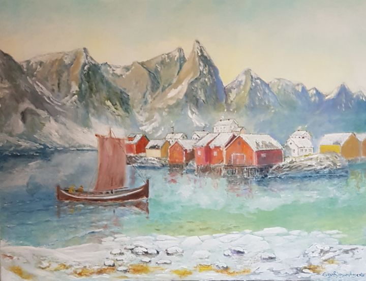 Painting titled "Fiskevær" by Geir B. Argento, Original Artwork, Oil