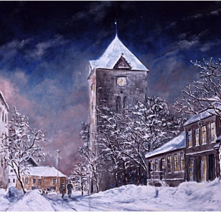 Painting titled "Winter night" by Geir B. Argento, Original Artwork, Oil