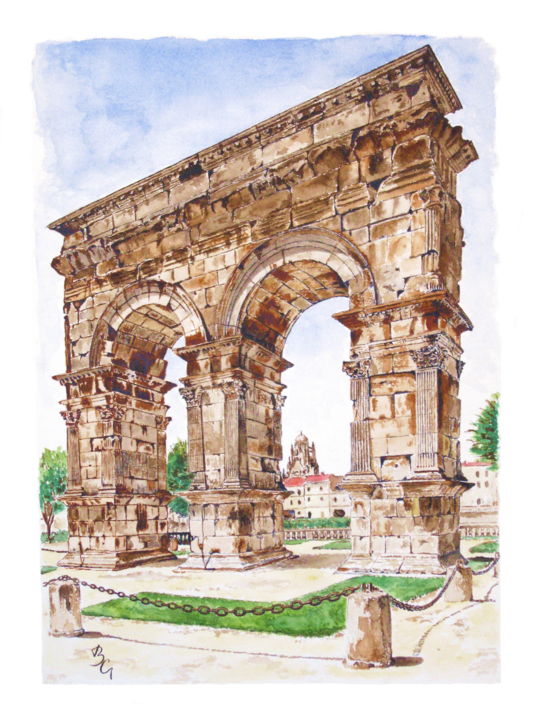 Painting titled "Arc de Germanicus à…" by Gerard Belaud, Original Artwork, Watercolor