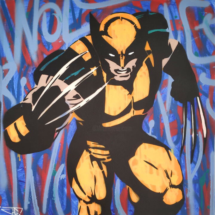 Schilderij getiteld "Wolverine" door G. Carta, Origineel Kunstwerk, Acryl Gemonteerd op Frame voor houten brancard