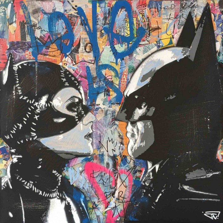 Painting titled "Catwoman & Batman p…" by G. Carta, Original Artwork, Acrylic Mounted on Wood Stretcher frame