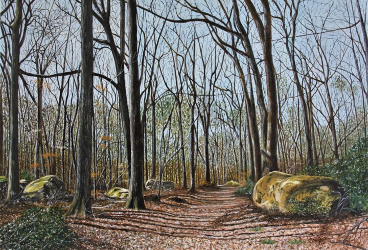 Painting titled "Forêt de Fontainebl…" by Gérard Nicaud, Original Artwork, Oil Mounted on Wood Stretcher frame
