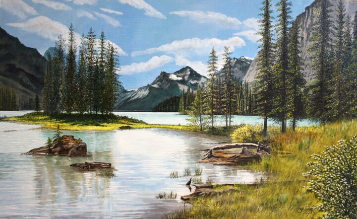 Painting titled "Le lac Maligne dans…" by Gérard Nicaud, Original Artwork, Oil Mounted on Wood Stretcher frame