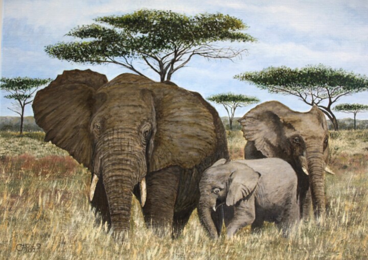 Painting titled "Les éléphants." by Gérard Nicaud, Original Artwork, Oil Mounted on Wood Stretcher frame