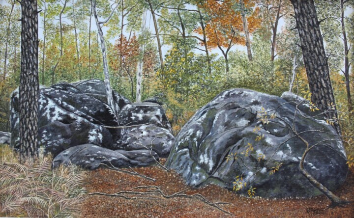 Painting titled "Rochers à Fontaineb…" by Gérard Nicaud, Original Artwork, Oil Mounted on Wood Stretcher frame