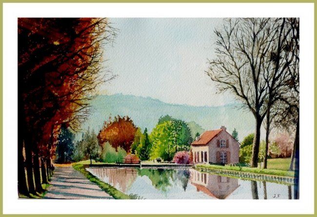 Painting titled "Canal de Bourgogne" by Geako, Original Artwork, Watercolor