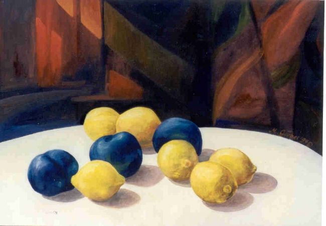 Pittura intitolato "Three Plums and Lem…" da Marta Goebel-Pietrasz, Opera d'arte originale