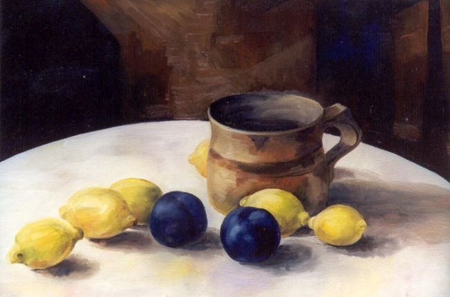 Painting titled "Two Plums and Lemons" by Marta Goebel-Pietrasz, Original Artwork
