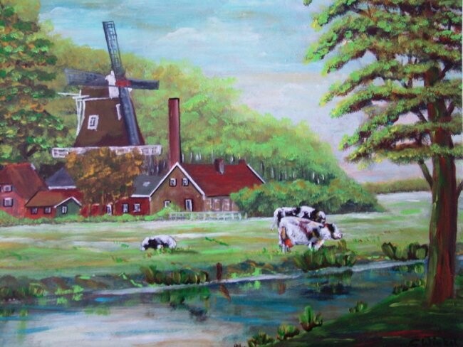 Painting titled "Molen de wachter" by Geert Winkel, Original Artwork, Oil