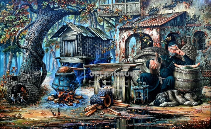 Painting titled "Перегонка водки" by Gela Inauri, Original Artwork, Oil Mounted on Wood Stretcher frame