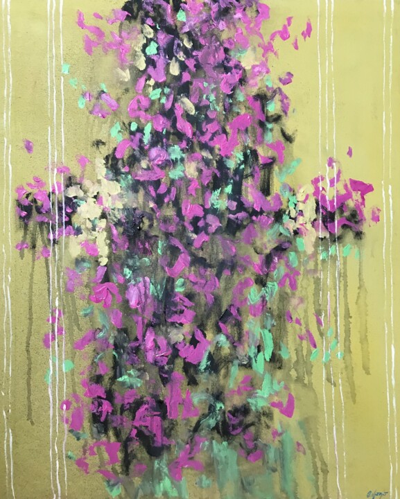 Painting titled "Flowers in green an…" by Gela Mikava, Original Artwork, Acrylic