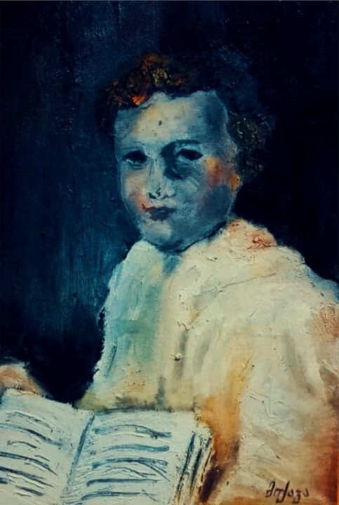Schilderij getiteld "A boy with a book" door Gela Mikava, Origineel Kunstwerk, Olie