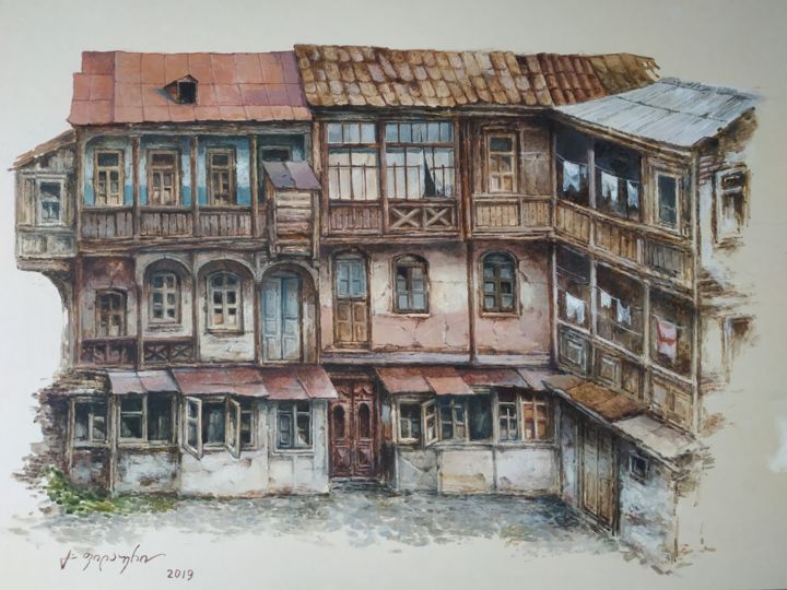 Disegno intitolato "Старый дом - Тбилис…" da Gela Philauri, Opera d'arte originale, Acquarello