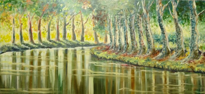 Drawing titled "le canal du midi en…" by Geneviève Baud Caizergues, Original Artwork, Oil Mounted on Wood Stretcher frame