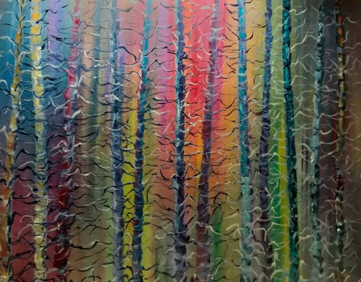 Pittura intitolato "Aurore en forêt" da Geneviève Baud Caizergues, Opera d'arte originale, Olio Montato su Telaio per barell…