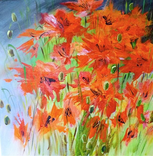 Painting titled "2.Crazy coquelicots" by Geneviève Baud Caizergues, Original Artwork, Oil