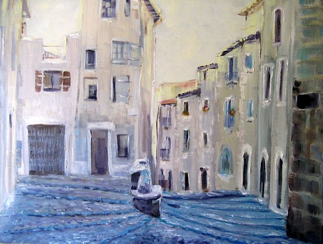 Schilderij getiteld "Montpellier, rue du…" door Geneviève Baud Caizergues, Origineel Kunstwerk, Olie