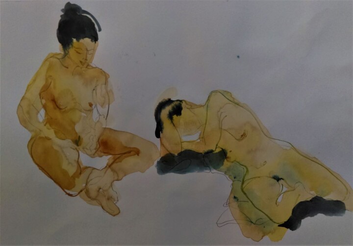 Drawing titled "deux-nues-ensemble-…" by Geneviève Bonnet-Cadith, Original Artwork, Chalk