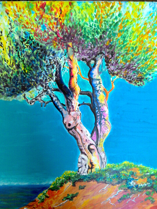 Peinture intitulée "L'olivier sur le pr…" par Gene, Œuvre d'art originale, Acrylique