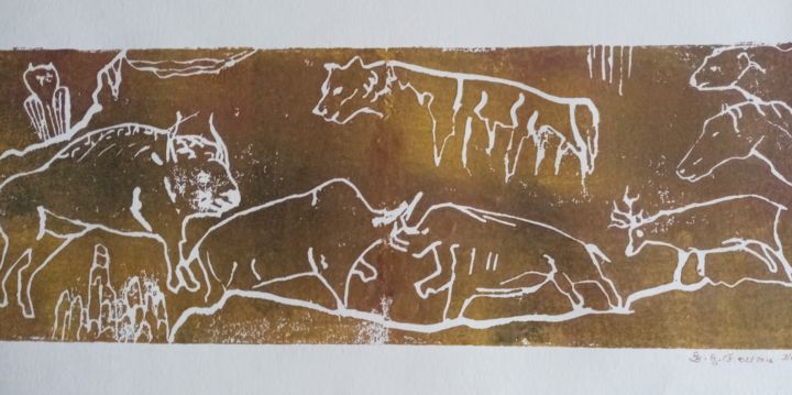 Incisioni, stampe intitolato "Ma gravure rupestre…" da Genevieve Fraysse, Opera d'arte originale, Incisioni su linoleum