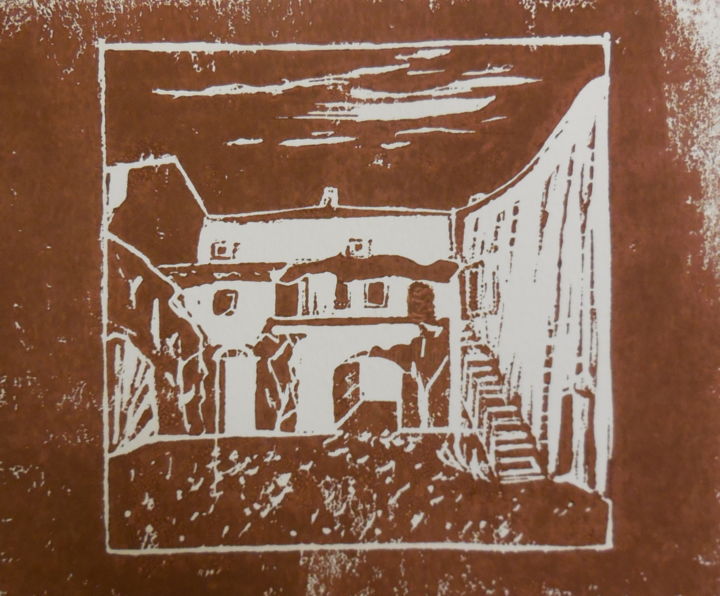 Incisioni, stampe intitolato "La maison de mon en…" da Genevieve Fraysse, Opera d'arte originale, Incisioni su linoleum
