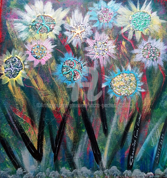Painting titled "Bouquet viral" by Geneviève  Vacca-Giachero, Original Artwork, Acrylic Mounted on Wood Stretcher frame