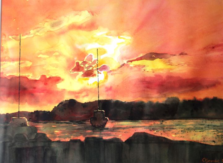 Peinture intitulée "Coucher de soleil s…" par Genevieve Jeandot, Œuvre d'art originale, Aquarelle