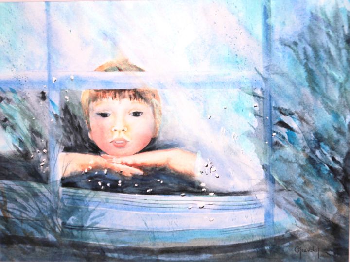 Painting titled "Enfant à la fenêtre" by Genevieve Jeandot, Original Artwork, Watercolor