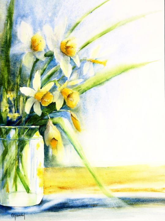 Peinture intitulée "Narcisses jaunes da…" par Genevieve Jeandot, Œuvre d'art originale, Aquarelle