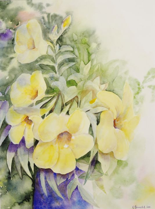 Schilderij getiteld "Fleurs d'alamanda" door Genevieve Jeandot, Origineel Kunstwerk, Aquarel