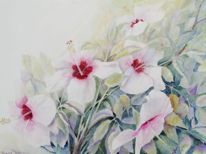 Painting titled "hibiscus rose" by Genevieve Jeandot, Original Artwork, Watercolor