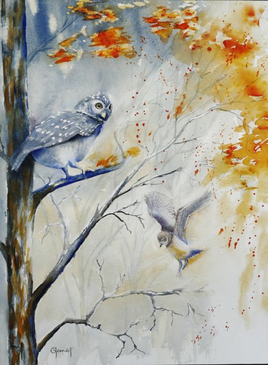 Painting titled "Oiseaux rapaces" by Genevieve Jeandot, Original Artwork, Watercolor