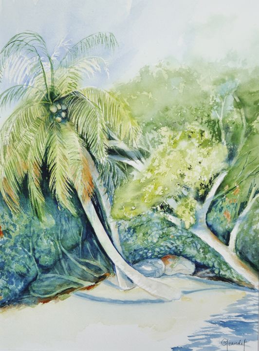 Peinture intitulée "Cocotiers 2" par Genevieve Jeandot, Œuvre d'art originale, Aquarelle