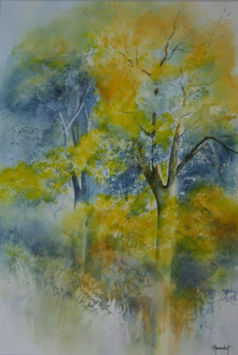 Painting titled "Forêt profonde." by Genevieve Jeandot, Original Artwork, Watercolor