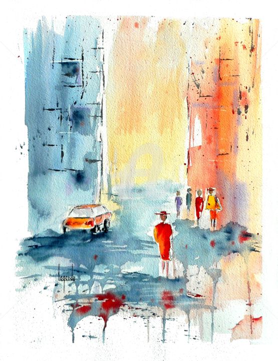 Malerei mit dem Titel "147 Balade en ville" von Geneviève Lagarde, Original-Kunstwerk, Aquarell