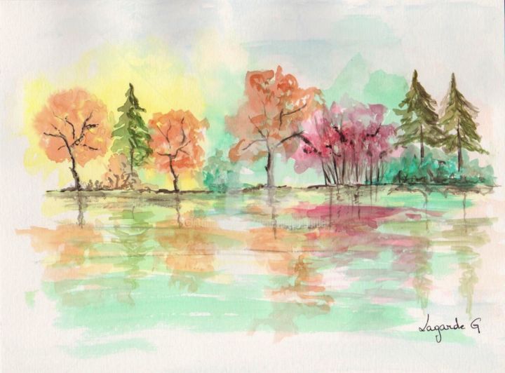 Peinture intitulée "4 Le lac +c" par Geneviève Lagarde, Œuvre d'art originale, Aquarelle