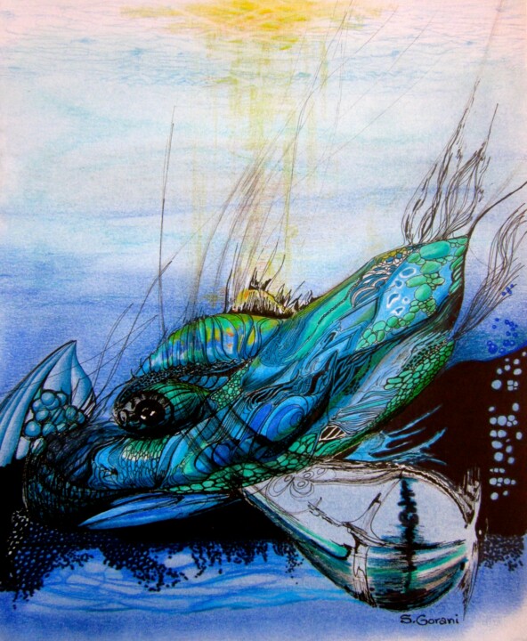Dessin intitulée "Blue Whale" par Geni Gorani, Œuvre d'art originale, Encre
