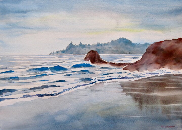 Painting titled "Rocky Beach" by Geni Gorani, Original Artwork, Watercolor