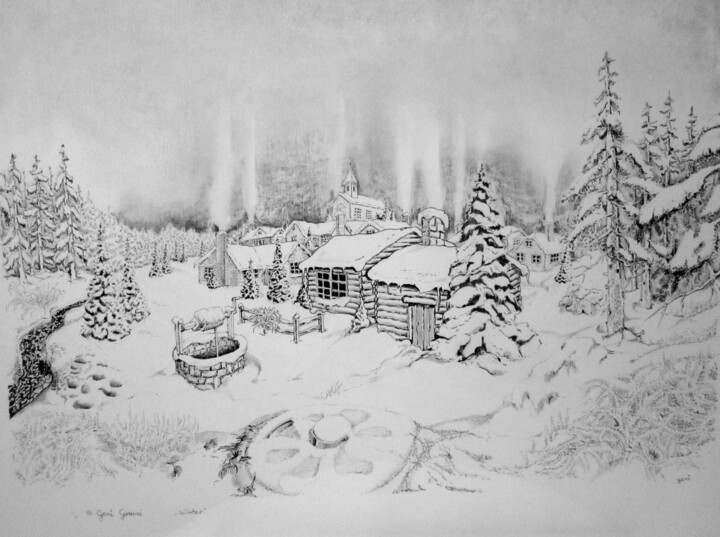 Drawing titled "Winter" by Geni Gorani, Original Artwork, Pencil