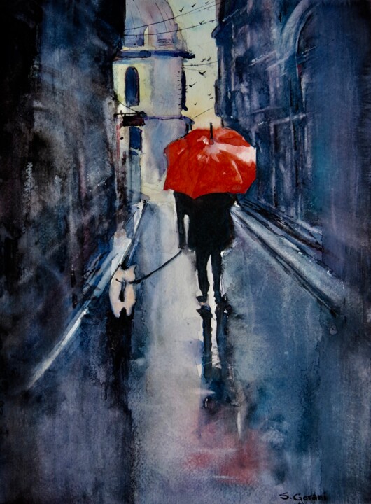 Painting titled "Walking In The Rain" by Geni Gorani, Original Artwork, Watercolor