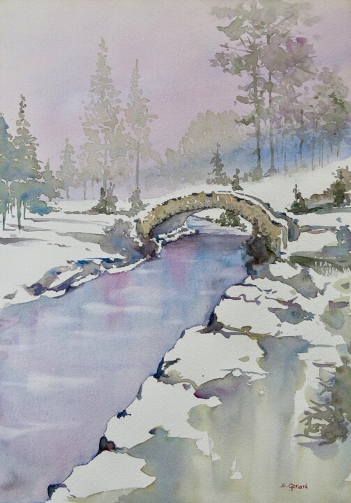Pintura intitulada "First Snow" por Geni Gorani, Obras de arte originais, Aquarela