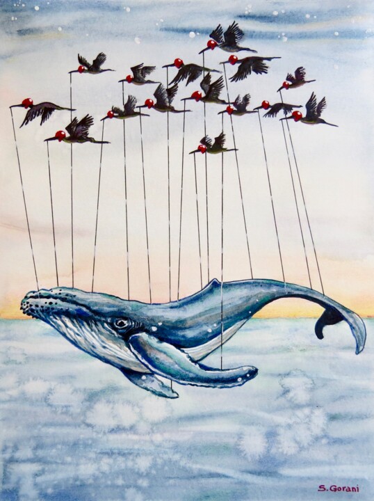 Ζωγραφική με τίτλο "Flying Whale" από Geni Gorani, Αυθεντικά έργα τέχνης, Ακουαρέλα
