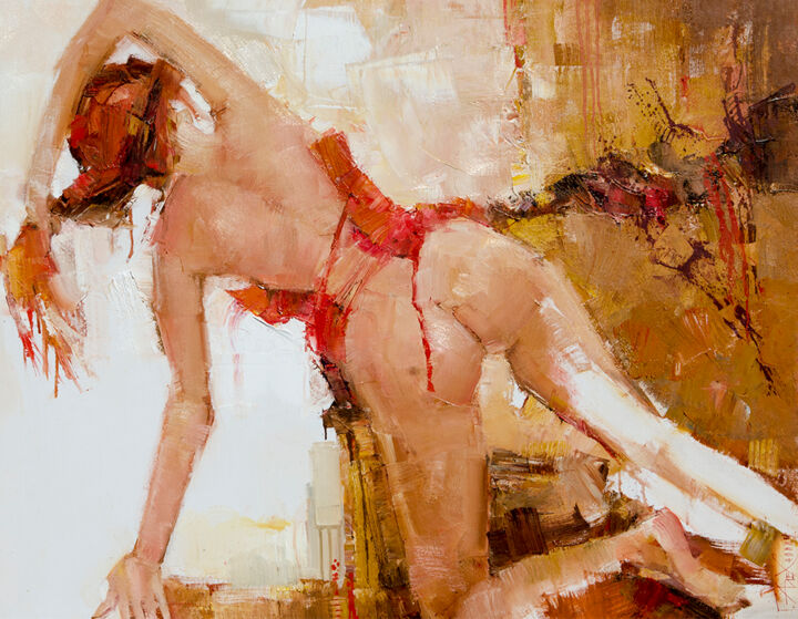 Painting titled "Corset" by Gennadi Alekhnovich, Original Artwork, Oil Mounted on Wood Stretcher frame