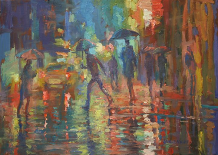 Ζωγραφική με τίτλο "Теплый дождь" από Gennadi Kurlenkov, Αυθεντικά έργα τέχνης, Λάδι