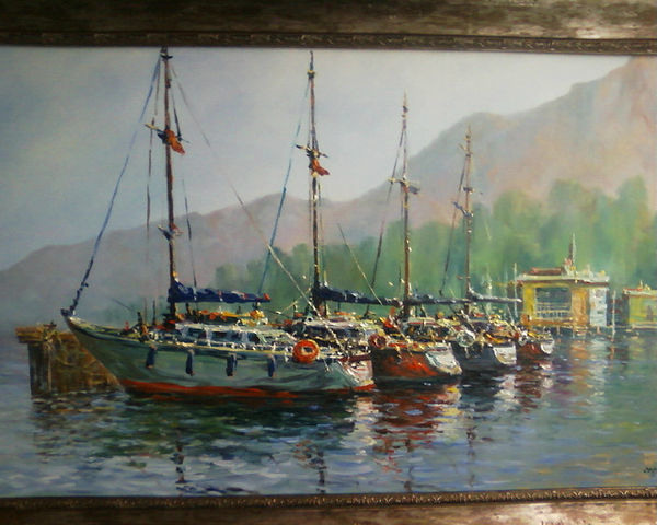 Malerei mit dem Titel "яхты" von Gennadii Tokarev, Original-Kunstwerk, Öl