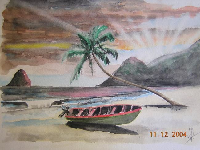 Pittura intitolato "Yole sur la plage" da Georges Laborde, Opera d'arte originale