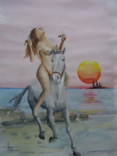 Pintura intitulada "femme a cheval" por Georges Laborde, Obras de arte originais