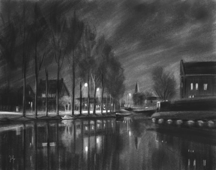 Digitale Kunst mit dem Titel "Abend am Kanal" von Georg Ireland, Original-Kunstwerk, Digitale Malerei